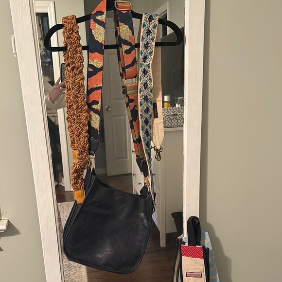 Handbags - Navy Leather Crossbody Bag with Colorful Straps